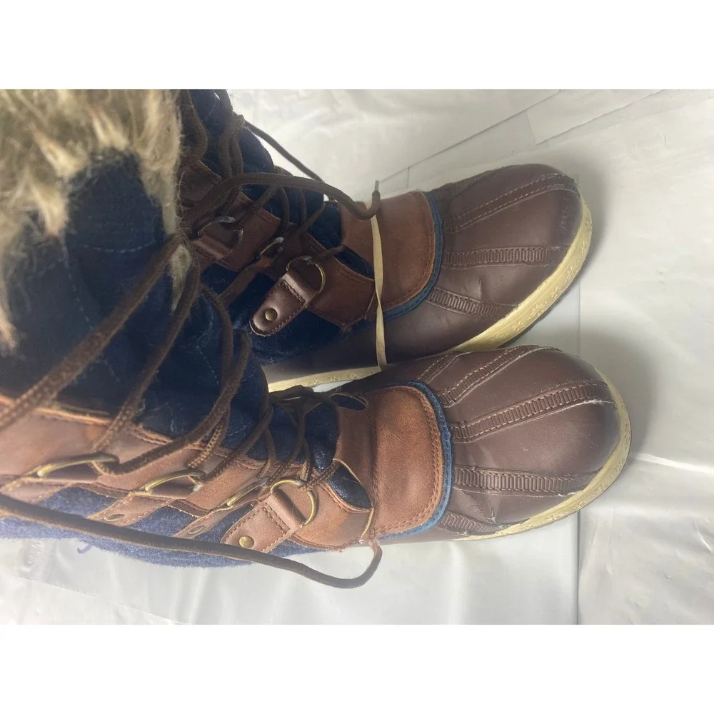 Women's‎ Brown Quilted Denim Snow Boots Size 8 Faux Fur Lined Lace Up Buckle